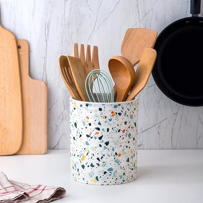 Kitchen Utensil Holder,7.2″Extra Large Stable Terrazzo Marble Pattern Ceramic Utensil Crock,Utensil Organizer for Countertop,Kitchen Decor,Utensil Holder for Housewarming,Wedding Gift Blue