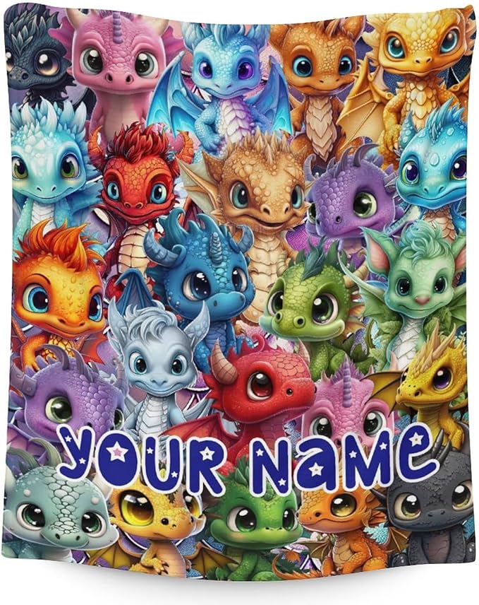 Custom Dragon Blanket Gifts with Name - 40x50 Inches Funny Throw Blanket for Babies, Kids, Boys & Girls - Colorful Soft Fuzzy Blankets for Couch, Sofa & Bed