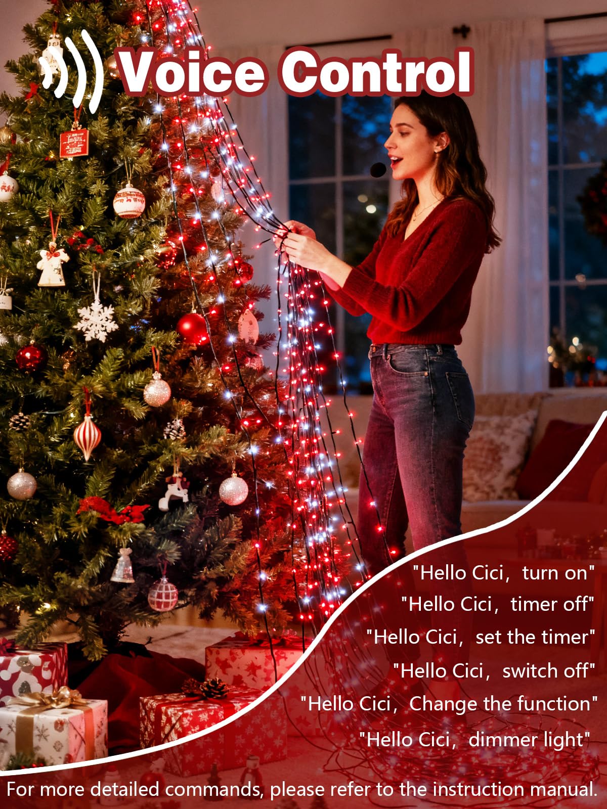 Voice Controlled Christmas Lights With Remote  99 Ft 300 Led String Lights Indoor Outdoor With 12 Modes 3 Timers  Dimmable Twinkle Light Plug In Waterproof For Xmas Tree Party Decor  Red And White