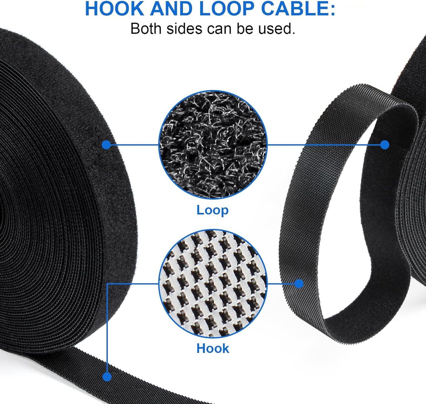 OneLeaf Fastening Cable Management Roll, 43ft x 3/4inch Cut to Length Straps, Reusable Multi-Purpose Cords Management, Double Sided Hook and Loop Cable Ties Roll (Black)