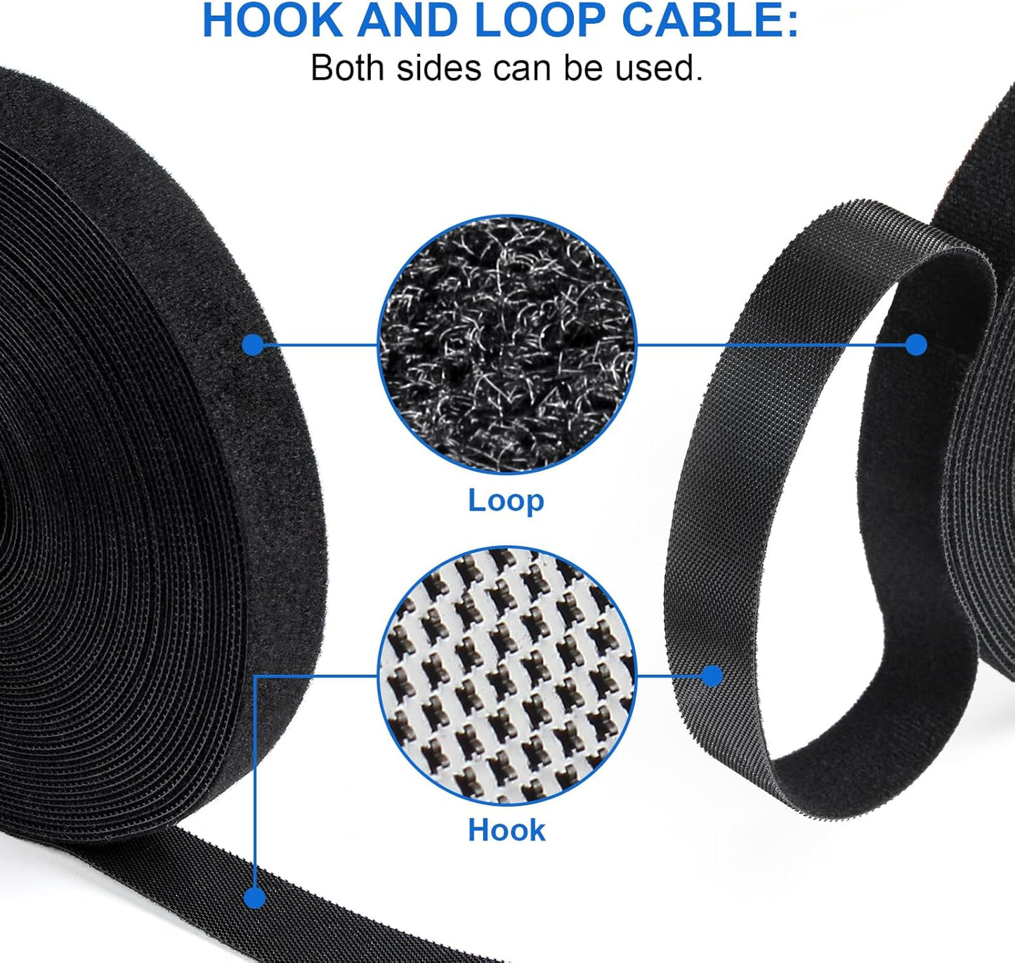 OneLeaf 46ft x 1/2inch Fastening Cable Ties Roll, Reusable Self-Gripping Strips, Double Sided Hook and Loop Tape Cable Management, Cut to Length Straps, Black Heavy Duty Wire Management