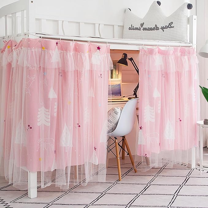 Beautiful Gauze Bunk Bed Curtains Drapes with Lace Privacy Bed Canopy for Bottom, 2 Panels, Forest
