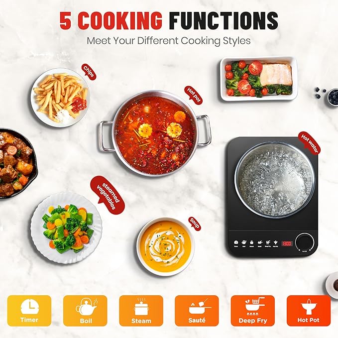 Induction Cooktop Portable, 1300W Mini Stove with 5 Cooking Modes - Easy to Use & 18 Power Levels, Induction Burner with LCD Sensor Touch, Timer for Tiny Kitchen, Apartment, Camping, RV