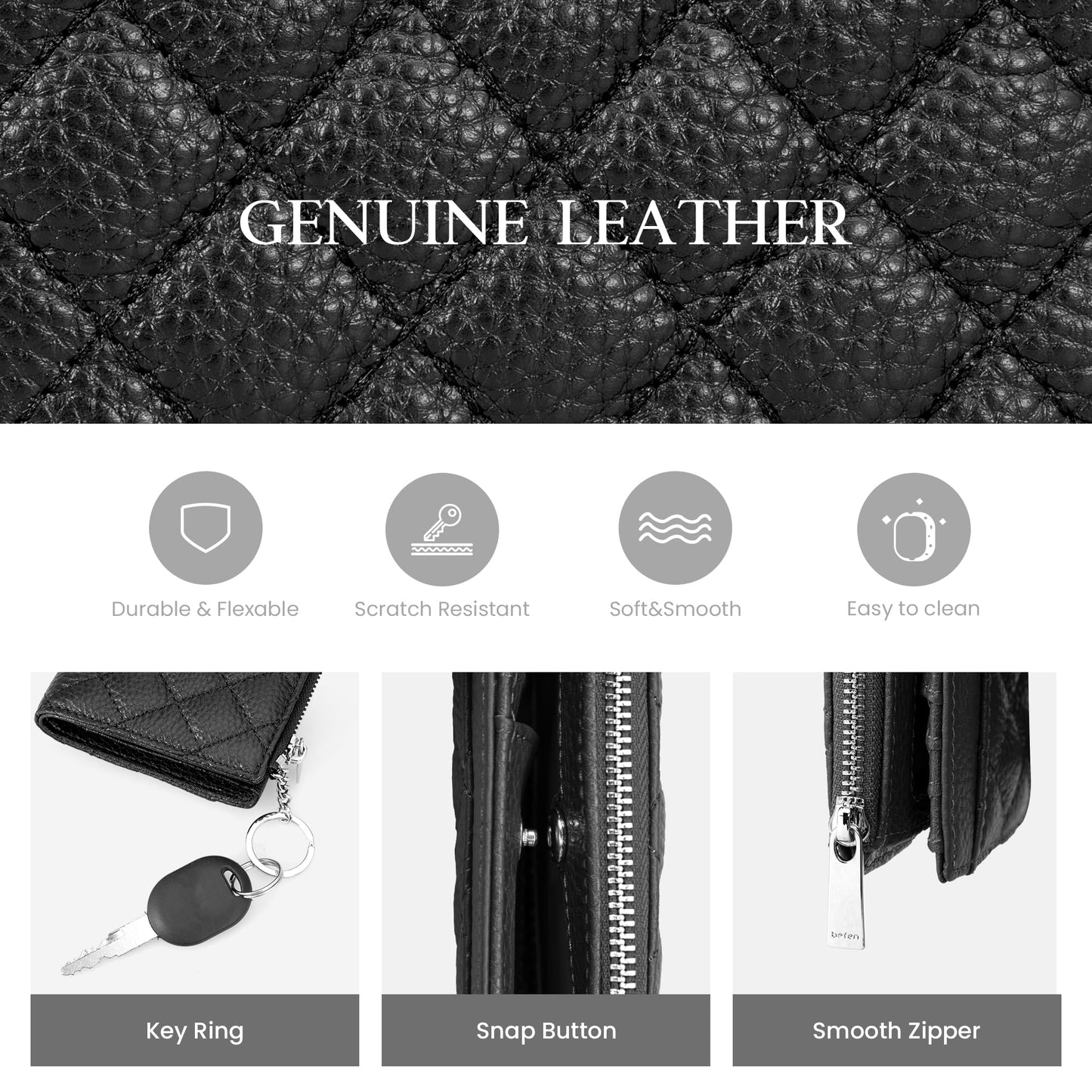 befen Genuine Leather RFID Wallet Women, Small Slim Keychain Wallets with Card Slots, Zipper Coin Holder - Black