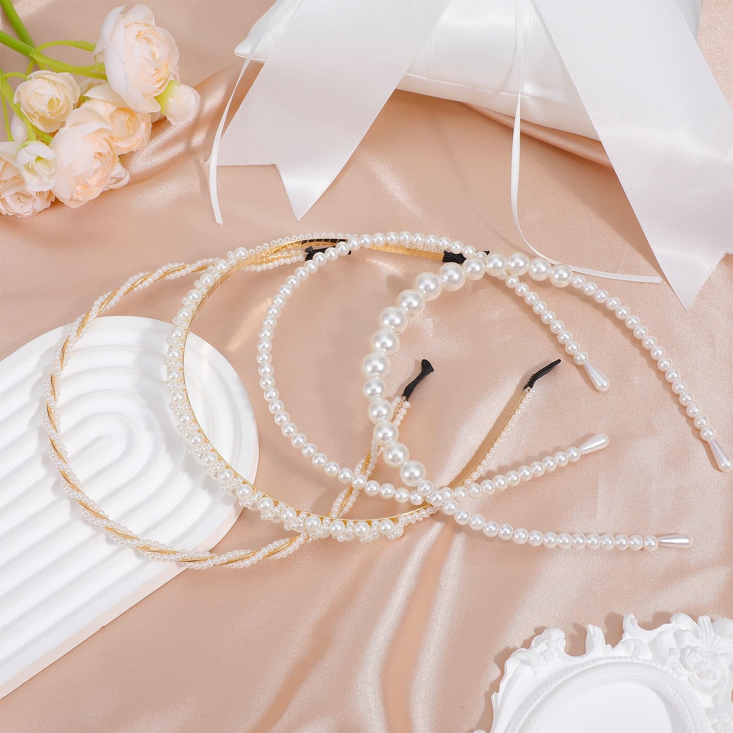 Sorcristy 4 Pack Pearl Headband White Gold Girl Pearl Headbands Metal Thin Head Band, Artificial Pearls Headpiece Hair Accessori