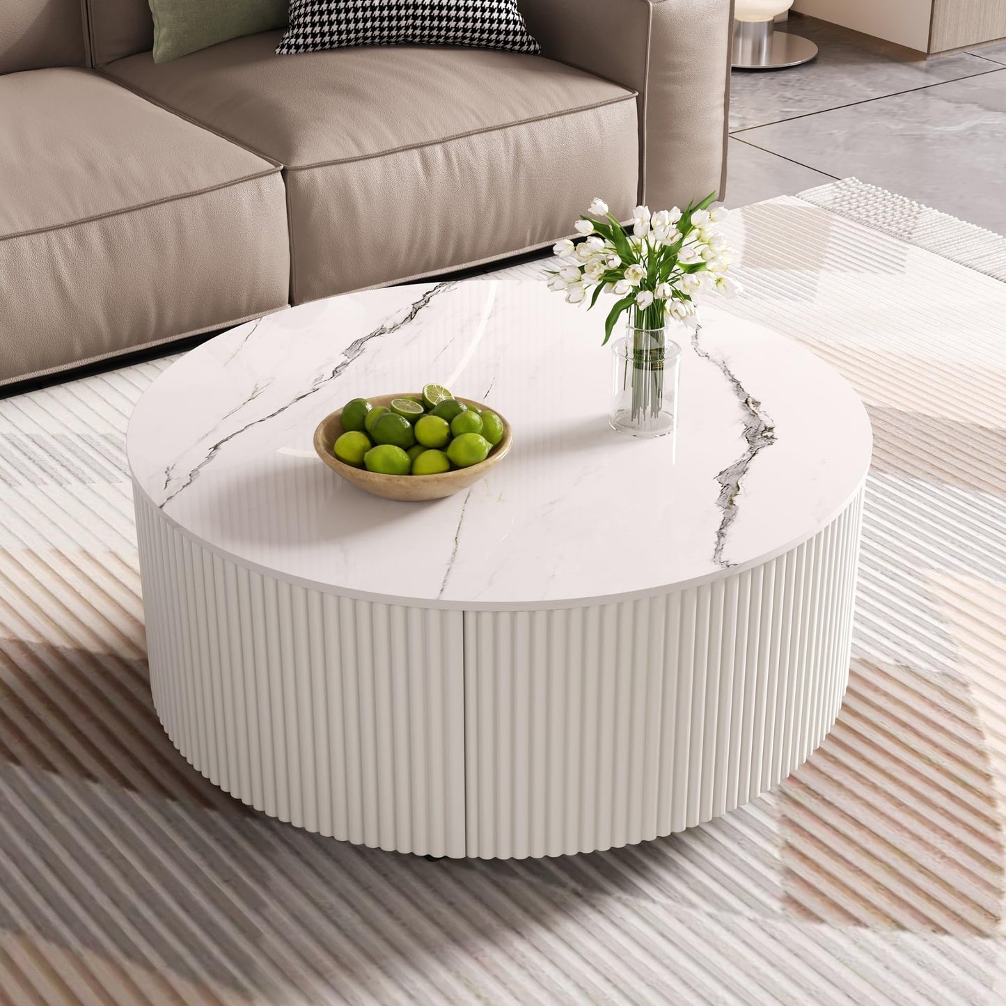 Merax Round Coffee Table for Living Room 29.5" Movable Accent Table with Casters and 2 Storage Drawers, Marble Pattern Sintered Stone Top, White
