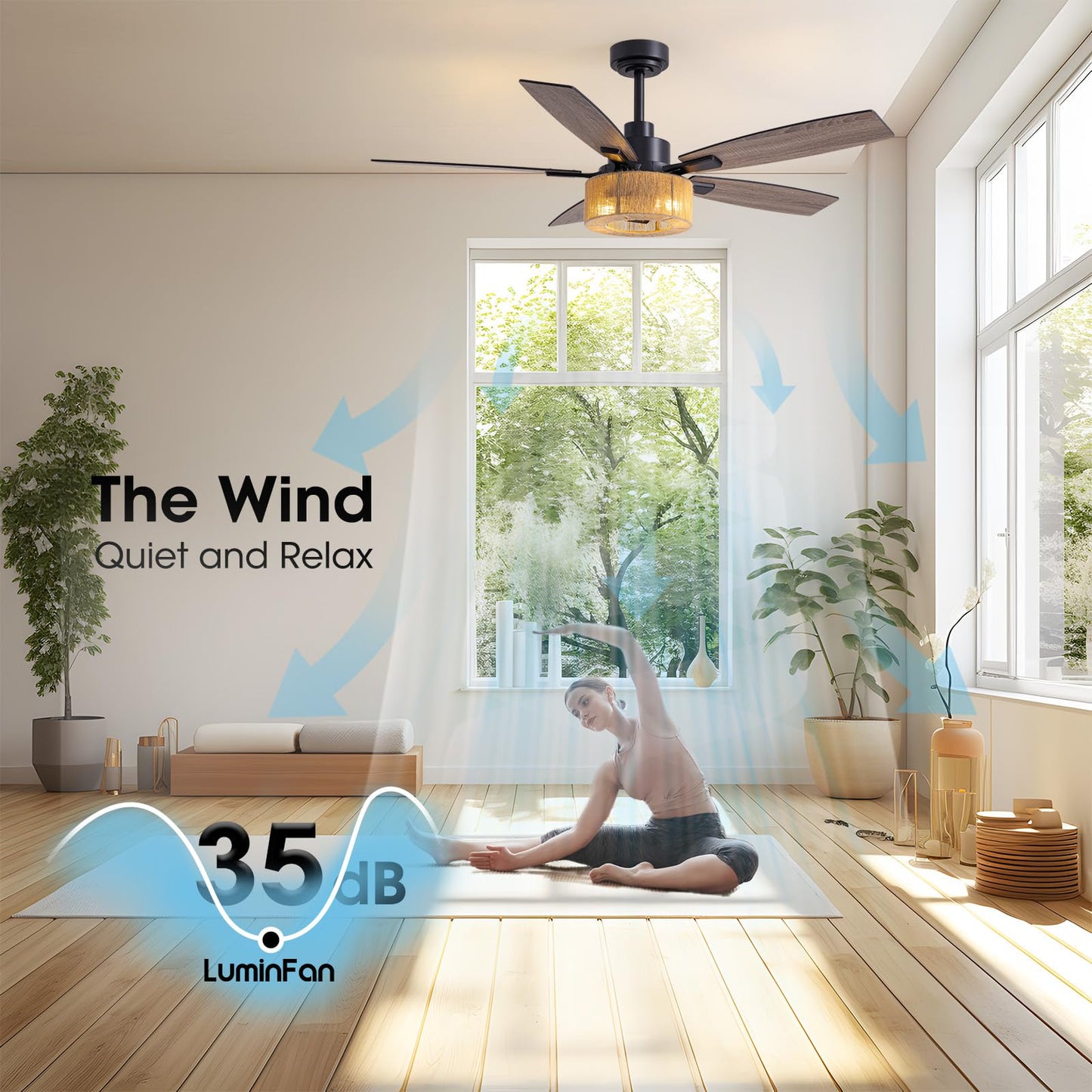 Luminfan 52 Inch Boho Black Hemp Ceiling Fans With Lights And Remote Control, Farmhouse Caged Rattan Ceiling Fan For Dining Room