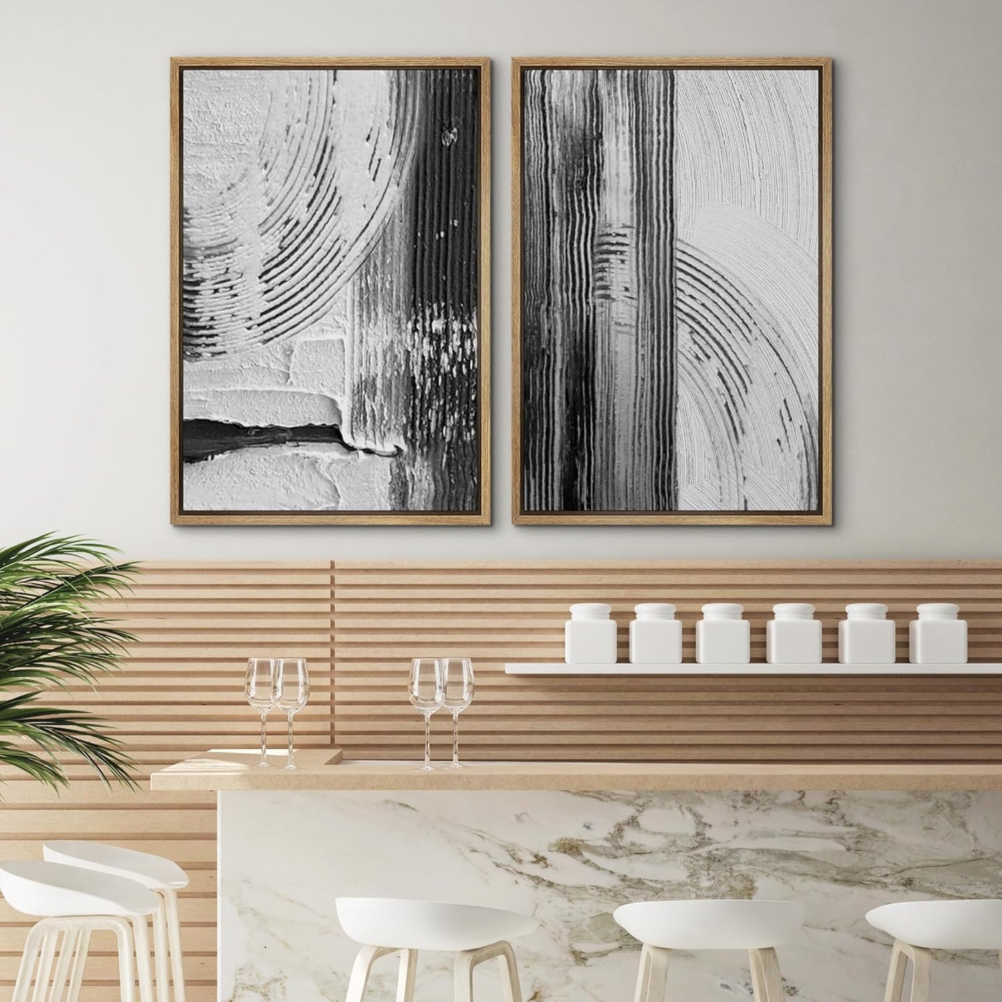 SIGNWIN Framed Canvas Print Wall Art Set Black White Industrial Paint Strokes Abstract Shapes Illustrations Modern Art Minimal Decorative Nordic for Living Room, Bedroom, Office - 16"x24"x2 Natural