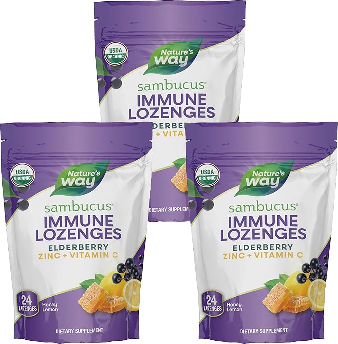 Nature's Way Sambucus Zinc Lozenges - With Elderberry & Vitamin C - Black Elderberry Extract - For Immune Support* - Honey Lemon Flavor - 24 Lozenges (3 Pack)