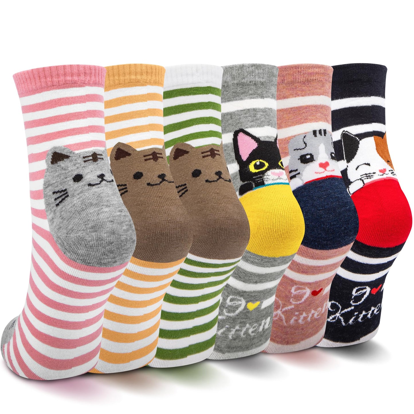 6 Pairs Women's Cute Cat Socks Gifts, Funny Novelty Animal Print Crew Cotton Socks Christmas Gifts for Women Girls