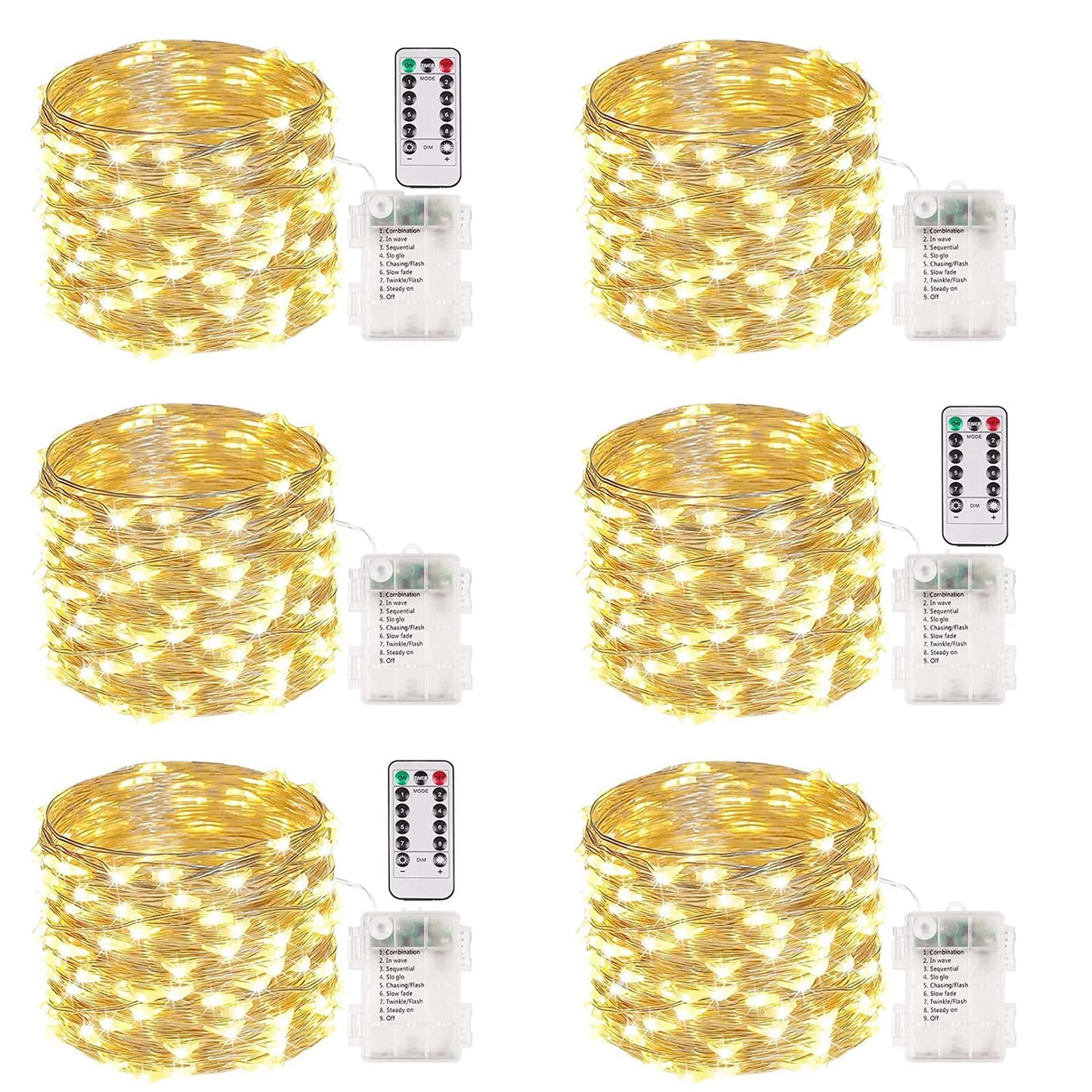 Albelt 6-Pack 33FT LED Fairy Lights, Battery Operated, Remote & Timer, Waterproof, Warm White, Model Sliver100