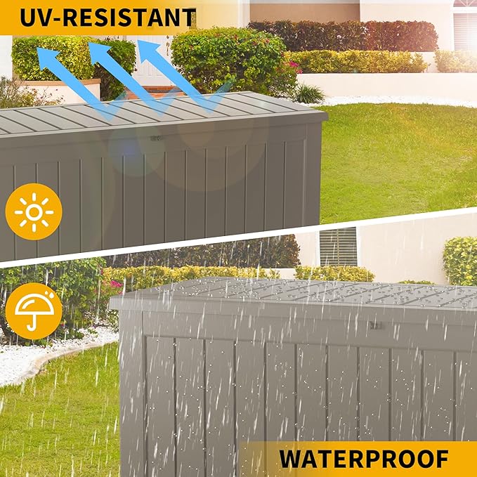 200 Gallon Resin Deck Box, Waterproof Outdoor Storage Bin for Patio Furniture, Pool Accessories, and Garden Tools, Lockable & UV-Resistant, Grey