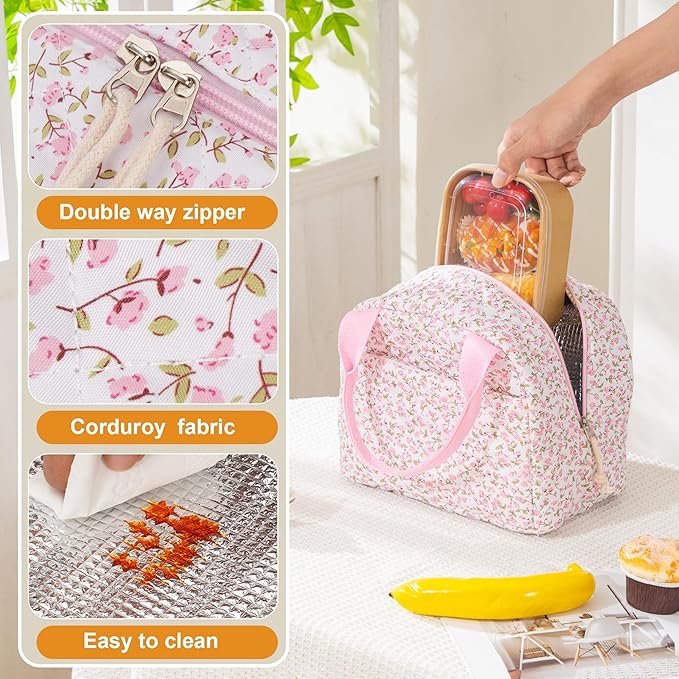 Lunch Bag for Women Insulated Lunch Box Reusable Cooler Bag Portable Cute Floral Quilted Cotton Bag Leakproof Tote Bags for Travel, Work, and Picnic