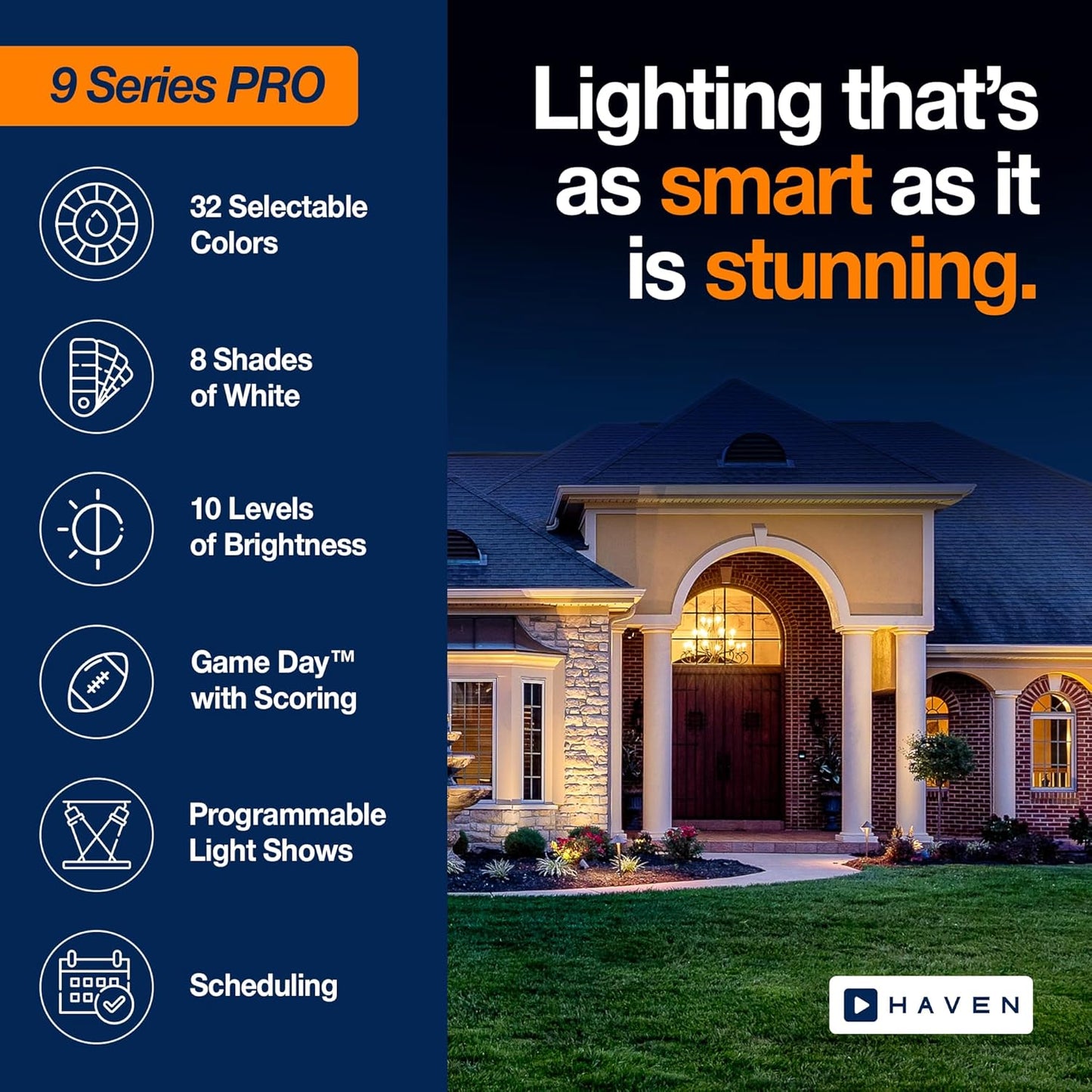 Haven Lighting 9 Series Pro Landscape Lighting Kit - Professional-Grade App Controlled Smart Lights with WiFi - Color Changing Exterior House Lighting, 8-Up LED Lights