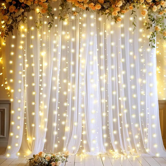 10ft x 10ft White Sheer Tulle Backdrop Curtains with Lights String for Party Wedding Wrinkle Free Curtain Backdrops Drapes...