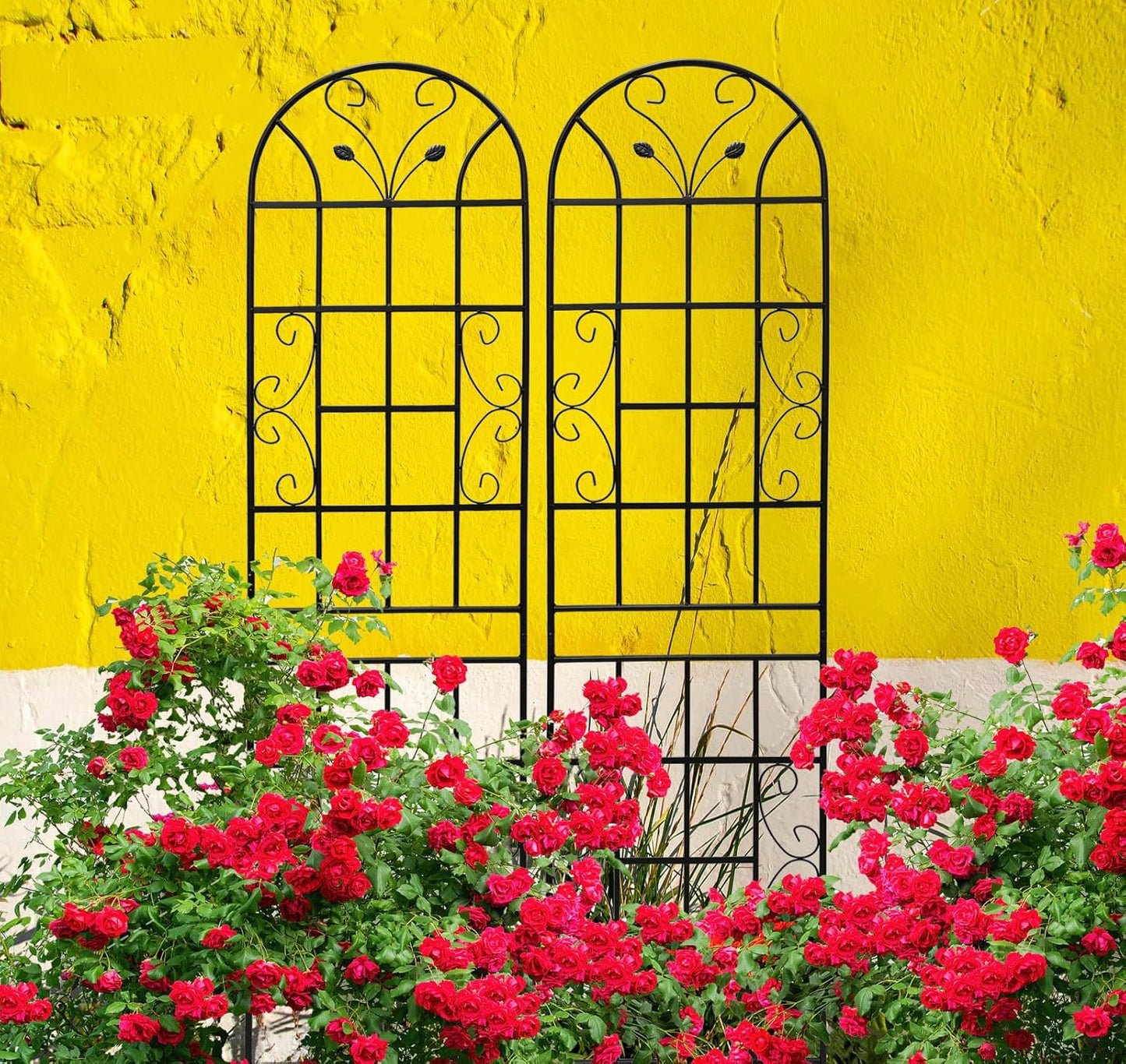 4 Pack Metal Garden Trellis for Climbing Plants, 86.7" Tall Rustproof Outdoor Trellis Panel with Vine Lines Design, Decorative Black Iron Plant Support for Vine, Rose, Flower, Garden Wall