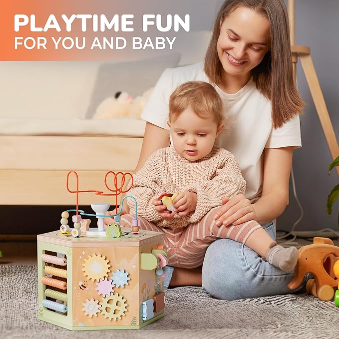 ROBUD 13-in-1 Wooden Activity Cube, Montessori Toys for 1+ Year Old Boys & Girls, Multipurpose Educational Sensory Toy for Toddlers, Educational Learning Toys, Fountain Garden Theme