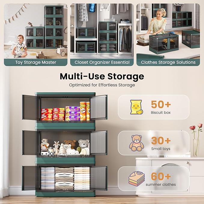 19Gal Collapsible Storage Bins with Lids & Wheels - 1 Pack Stackable with Doors, Heavy-Duty Plastic Containers for Home/Office, Green