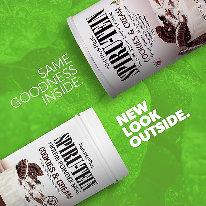 Natures Plus SPIRU-TEIN Shake - Cookies & Cream - 2.3 lbs, Spirulina Protein Powder - Plant Based Meal Replacement, Vitamins & Minerals for Energy - Vegetarian - 30 Servings