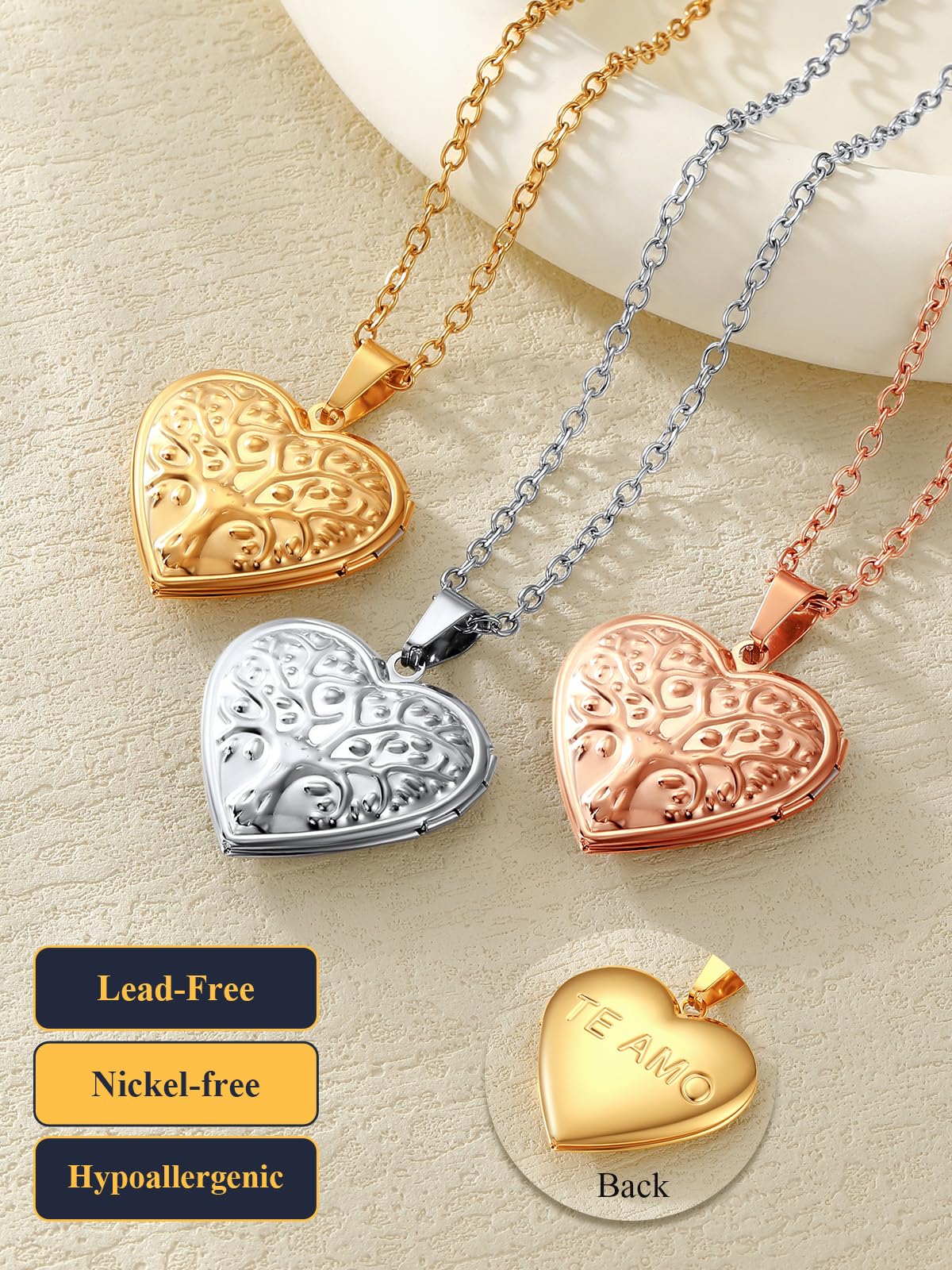 U7 14K Real Gold Plated Family Tree Heart Shape Photo Locket Necklace, Christmas with Decent Box
