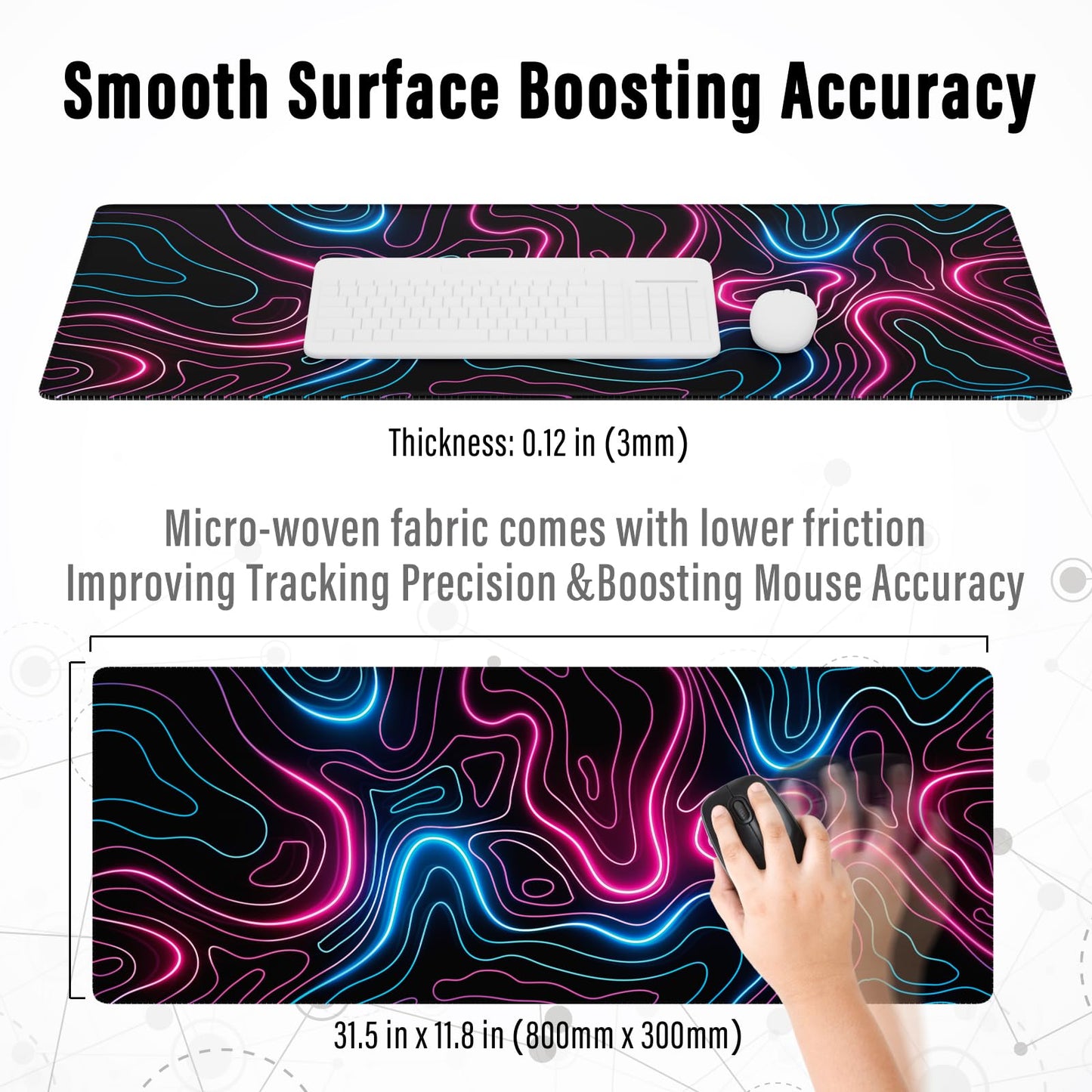 Ovenbird Gaming Mouse Pad with Stitched Edges, Topographic Map Pink Extended XL Mousepad with Anti-Slip Base, Cool Neon Large Mouse Pad for Desk, 31.5 x 11.8 in, Pink and Blue