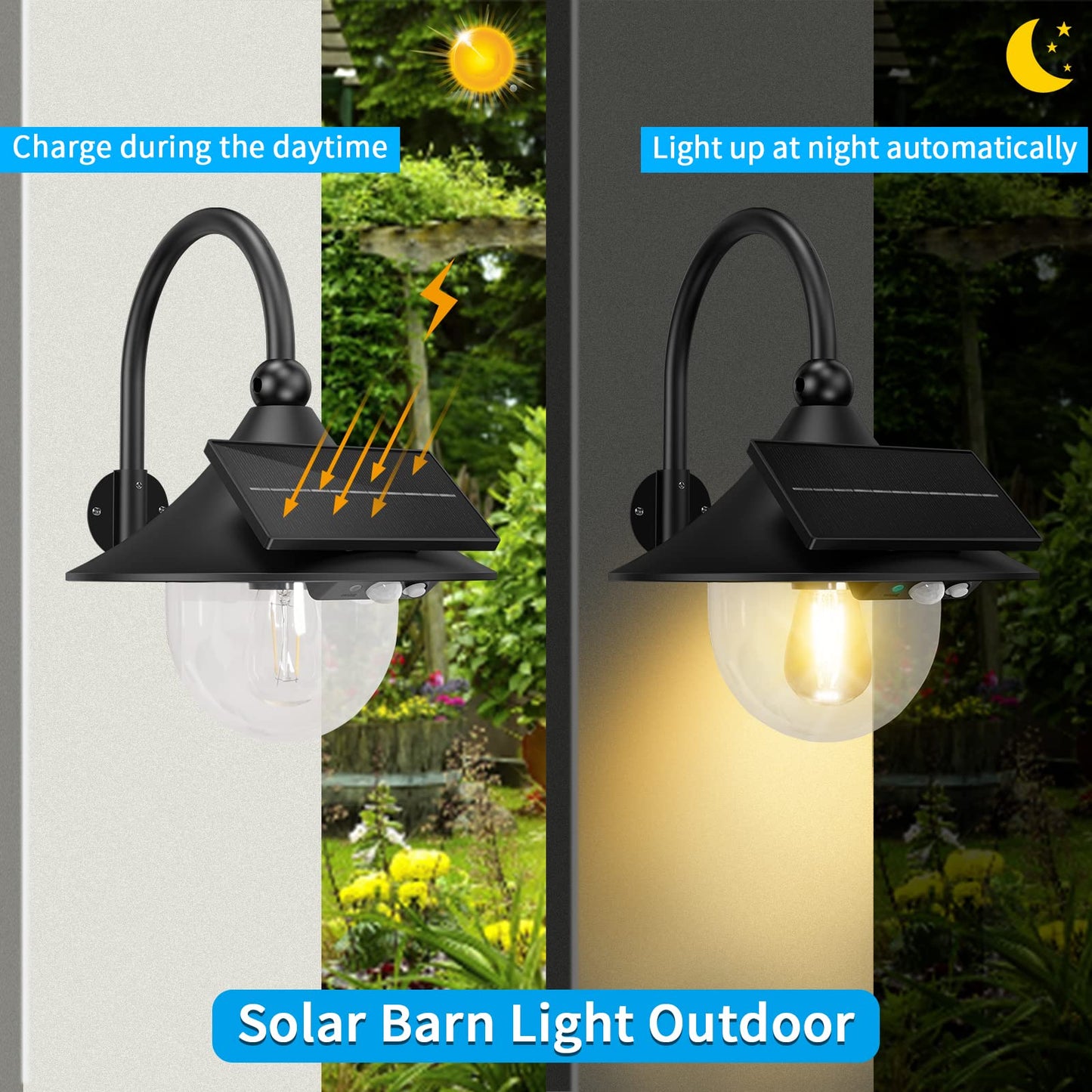 Aqonsie Solar Barn Light - 3 Lighting Modes, Motion Sensing, Waterproof, Vintage Design, Black, Wall Mount For Barn, Shed, Porch, Patio