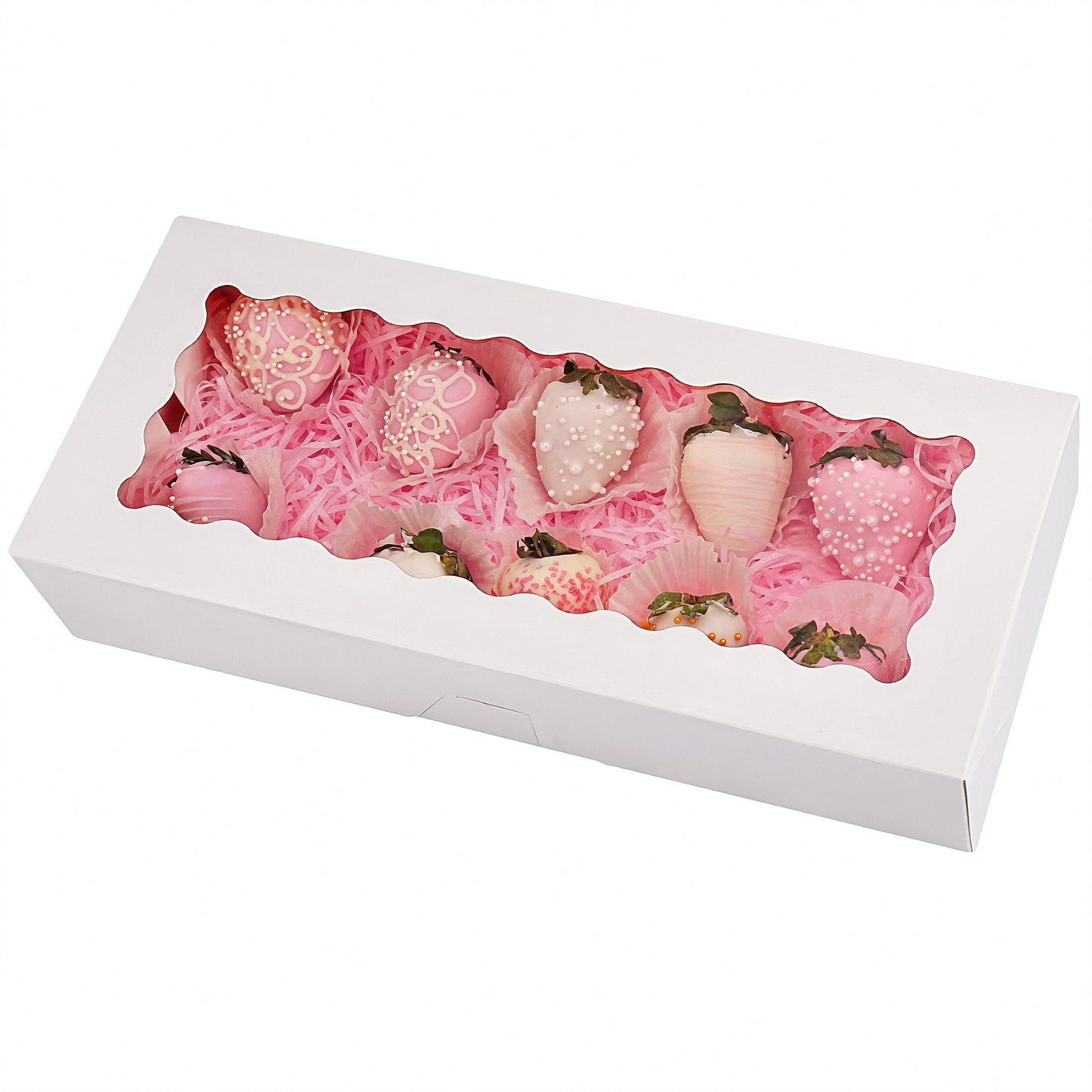 Tcoivs 20-Pack Cookie Boxes with Window, 12.5" x 5.5" x 2.5", White Bakery Boxes, Auto-Popup Treat Boxes for Pastries, Strawberries