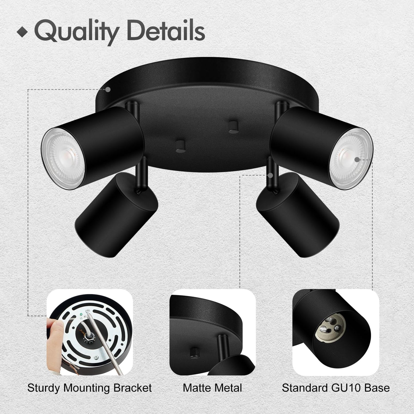4 Light Track Lighting Fixtures Ceiling  Matte Black Round Directional Ceiling Spotlight  Gu10 Flush Mount Track Fixture  Adjustable Modern Led Track Lights For Kitchen/Living Room  Bulb Not Included
