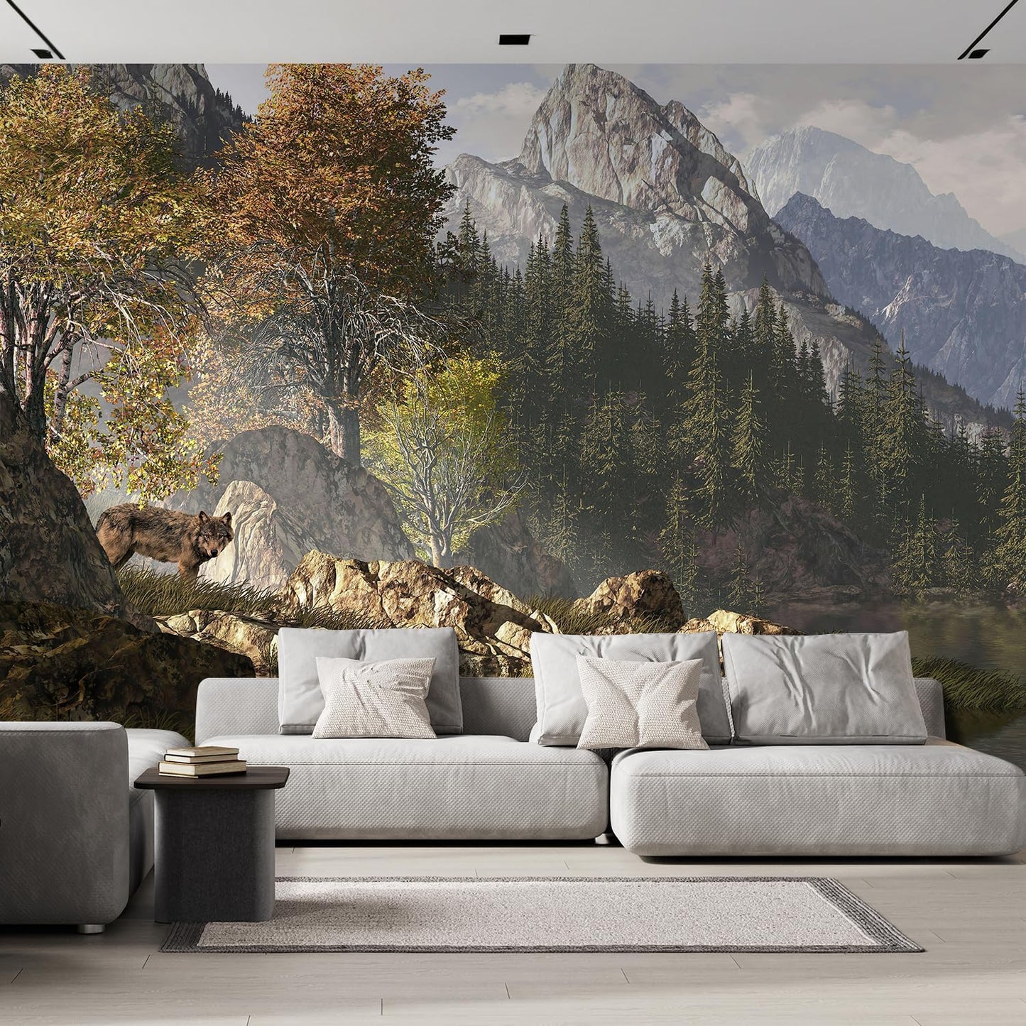 wall26 Wall Sticker/Wall Mural Wolf Near a Lake in a Rocky Mountain Landscape, Not Peel and Stick, Non-Woven Wallpaper Decorative for Bedroom, Living Room, Office - 120x144 inches