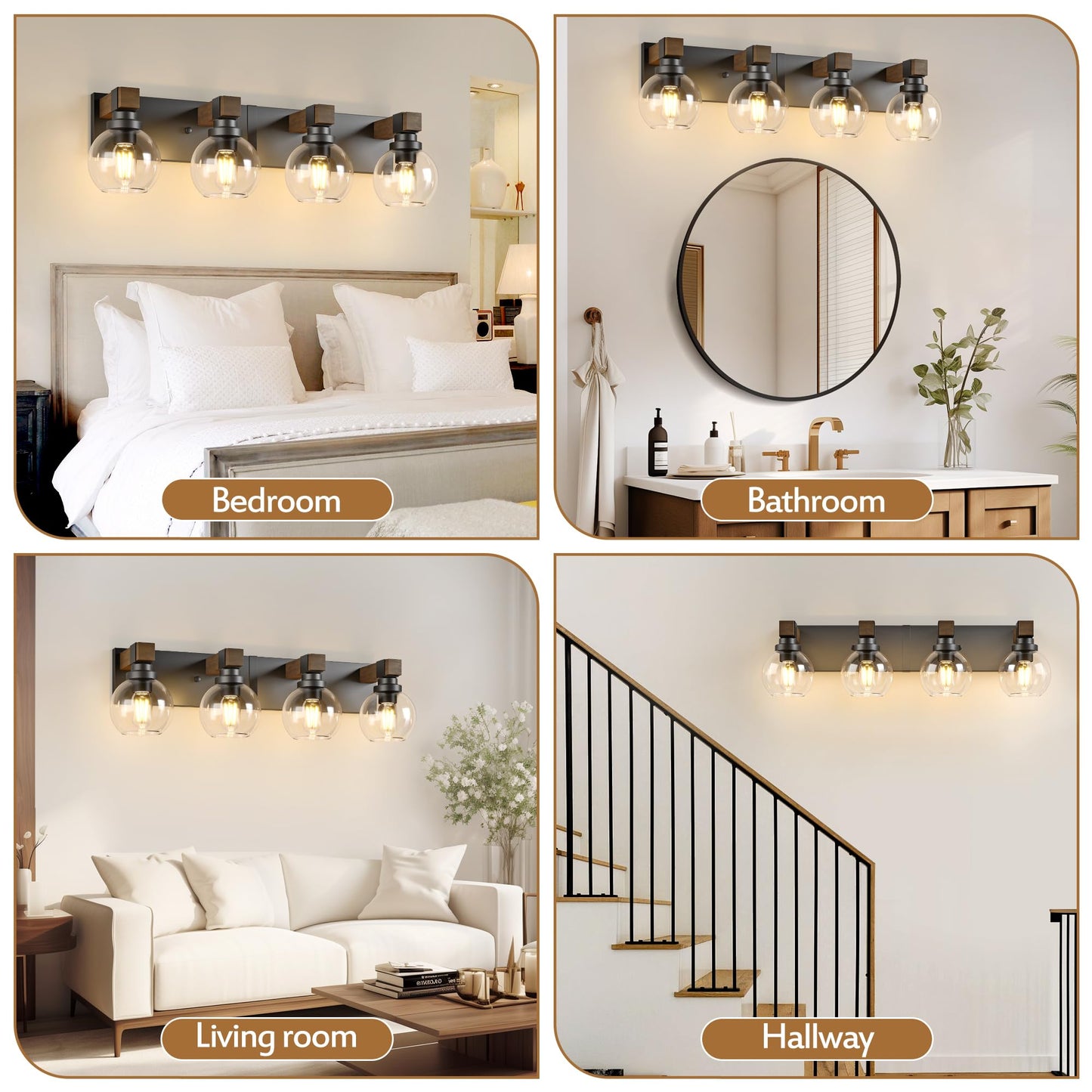 Farmhouse Bathroom Vanity Light Fixtures  4-Light Wood Bathroom Light Fixtures Over Mirror  Rustic Sconces Wall Lighting With Glass Shade For Living Room  Bedroom  Hallway