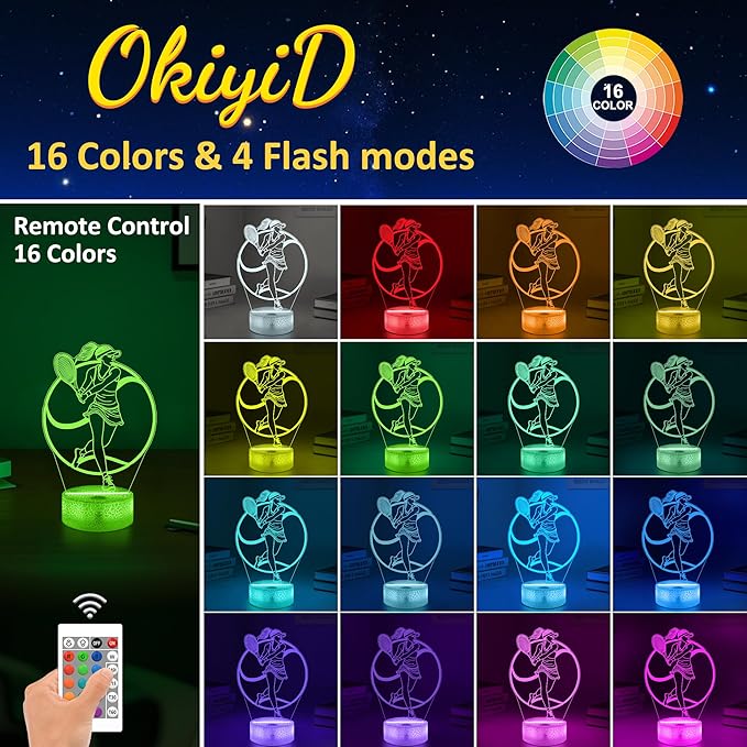Tennis Gifts for Women & Girls, Light Up Tennis Night Light 3D Illusion Lamp with 16 Colors Remote Control,Tennis Accessories Decor for Women Friends Sports Fans Xmas Gifts