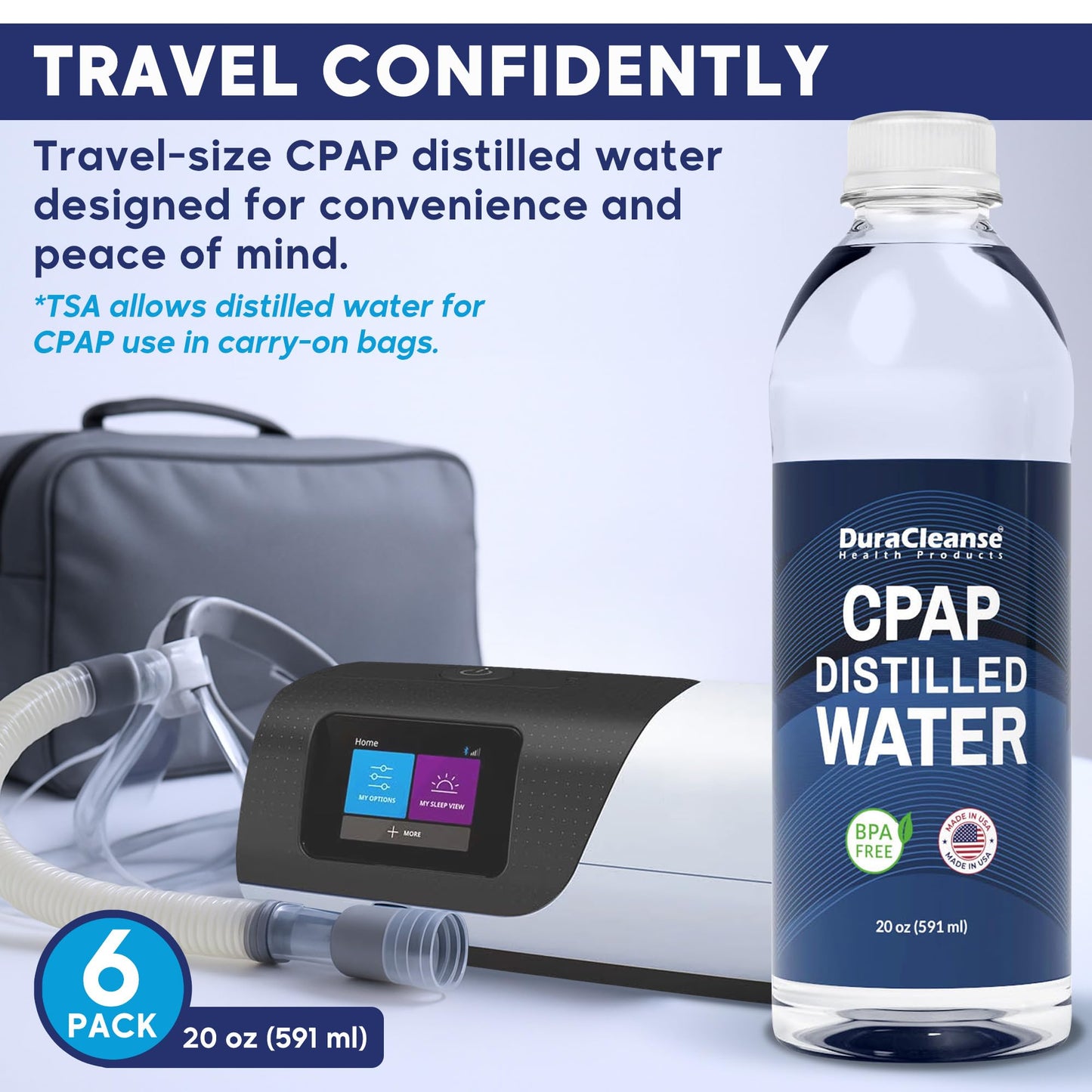 Dura Cleanse Distilled Water for CPAP Machines 6 Pack (20 oz Each) Travel Size Bottles for Resmed, Respironics Machines, Personal Humidifier - Made in USA, BPA-Free, Clean, Multi-Use, Travel-Friendly