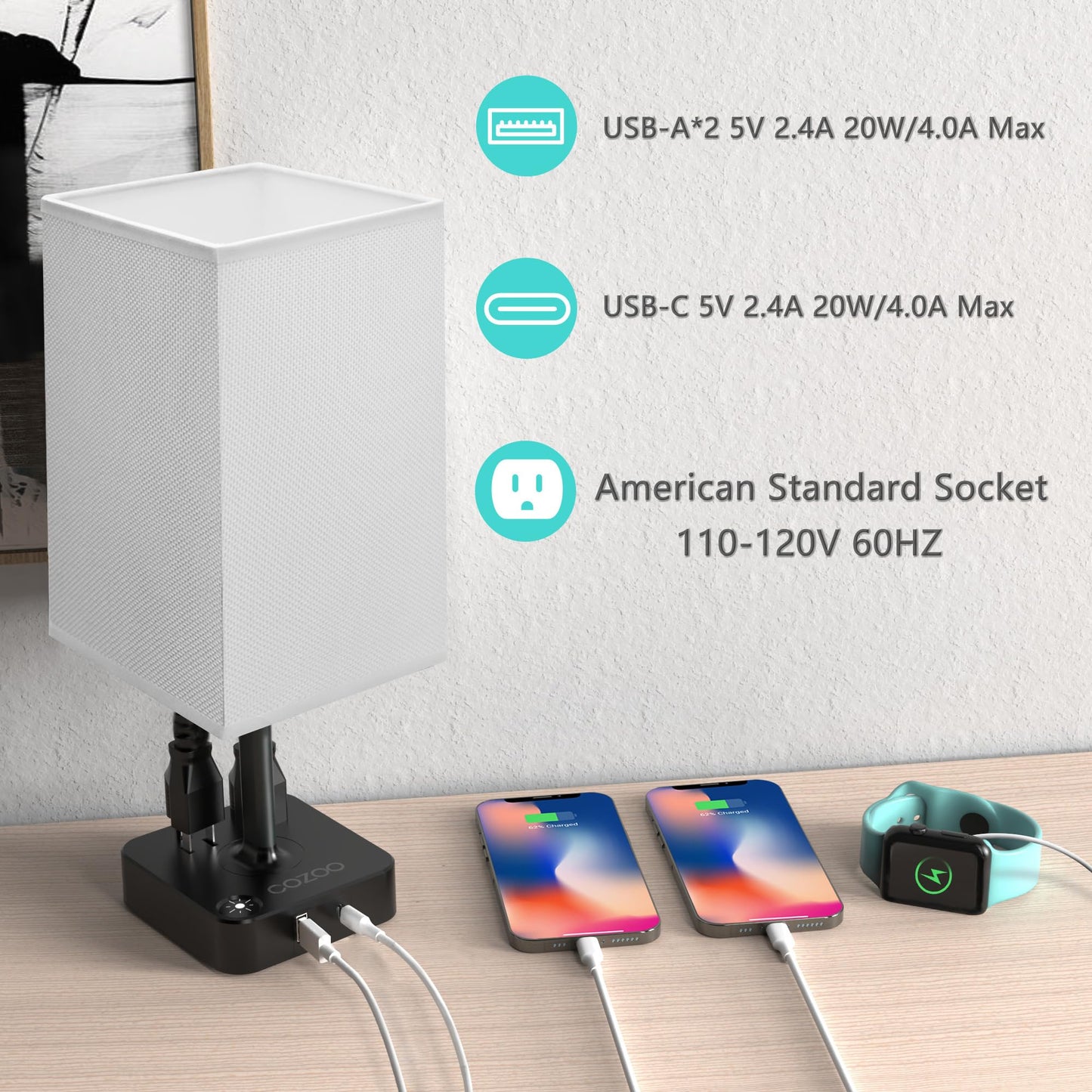 Cozoo Usb Bedside Table & Desk Lamp, 3 Usb Ports, 2 Outlets, Large White Fabric Shade, Model Mc003