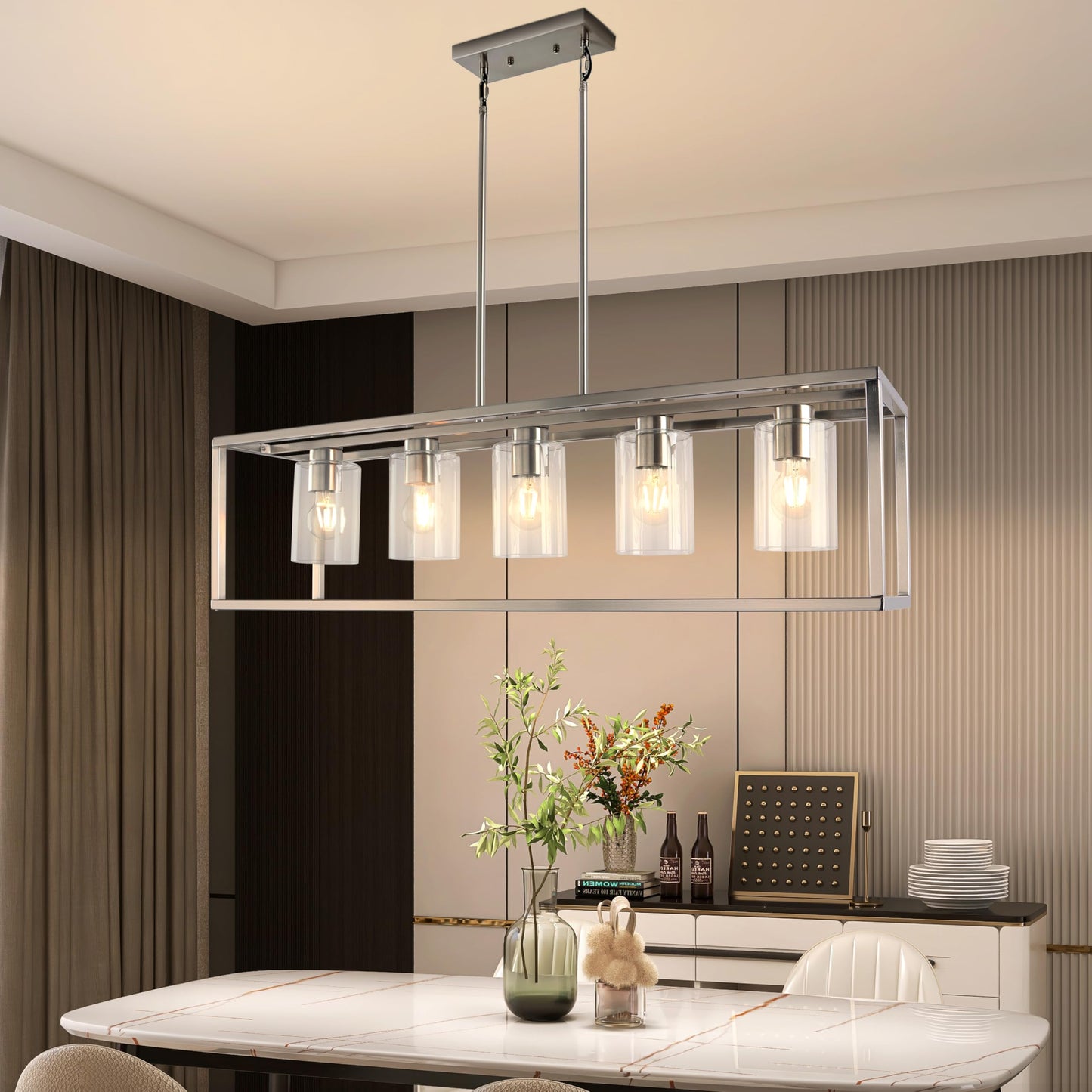 Chandeliers For Dining Room  5 Light Dining Room Light Fixture Modern Metal Industrial Kitchen Lighting Fixtures Ceiling Easy Installation Kalium Pendant Lights For Bar Restaurant-E26 Socket Sliver