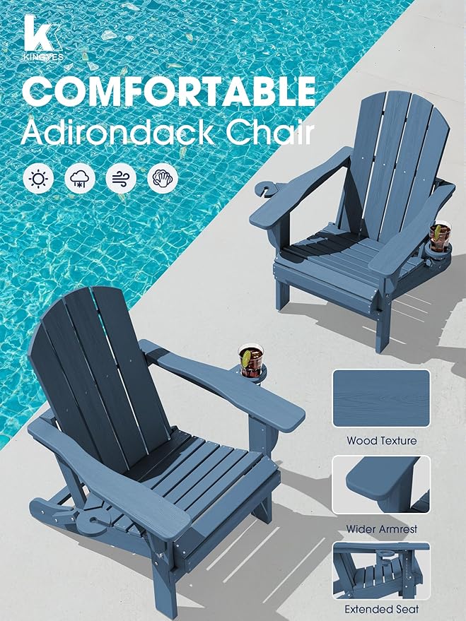 KINGYES Folding Adirondack Chair with Dual Cup Holders - HDPE All-Weather Outdoor Chairs, Wood-Like Patio Chair for Backyard, Camping, Pool & Fire Pit, Navy