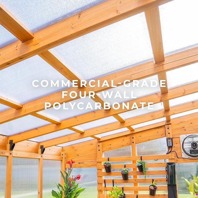 Backyard Discovery Zalie 11' x 7' Cedar Wood and Polycarbonate Walk-in Greenhouse Kit with Exhaust Fan, Windows, Hose Hook-Ups, PowerPort, Staging Shelves for Year-Round Outdoor Gardening