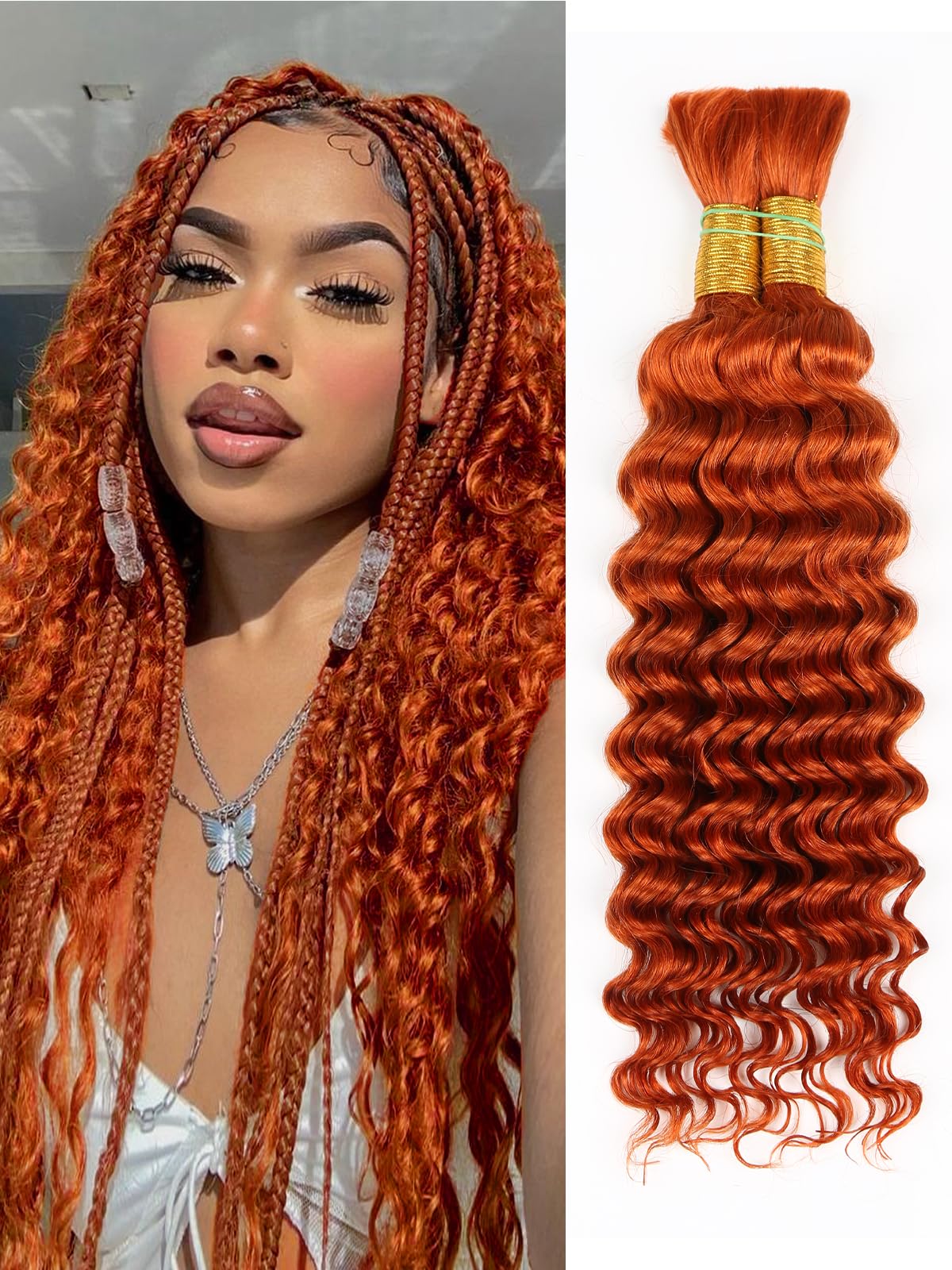 Human Braiding Hair Deep Wave Bulk, Ginger Orange Color No Weft Curly Braiding Hair Extensions for Boho Braids Wet and Wavy Brai