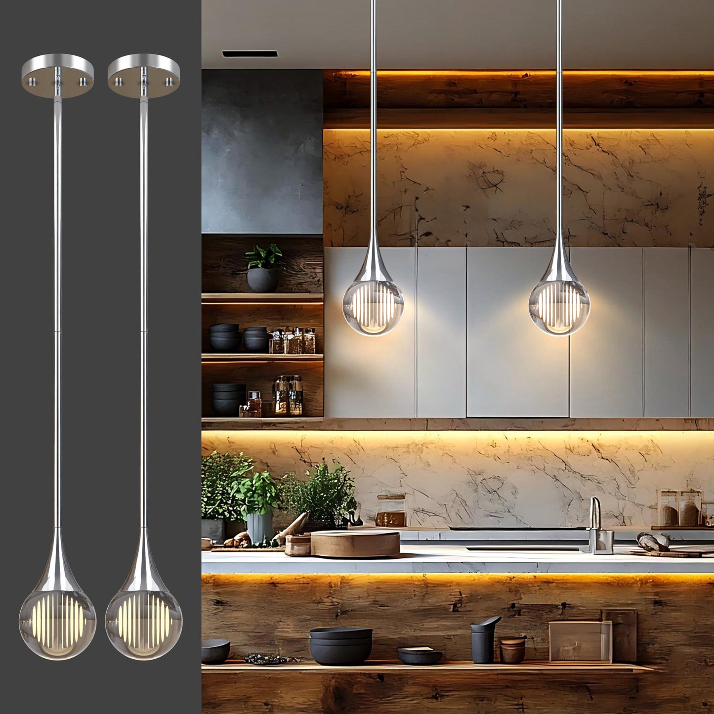 2-Pendant Lights Kitchen Island  Chrome Silver Globe Crystal Ceiling Hanging Light Fxitures  Led Light Fixtures Metal Rod Ceiling Glass Pendant Lighting For Kitchen Island Dining Room Bar