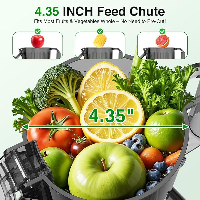 AGLUCKY Cold Press Juicer Machines, 4.35" Large Feed Chute Juice Extractor Self-Feeding Machine, High Juice Yield, Slow Masticating Juicer for Whole Vegetables & Fruits, Stainless Steel & Black