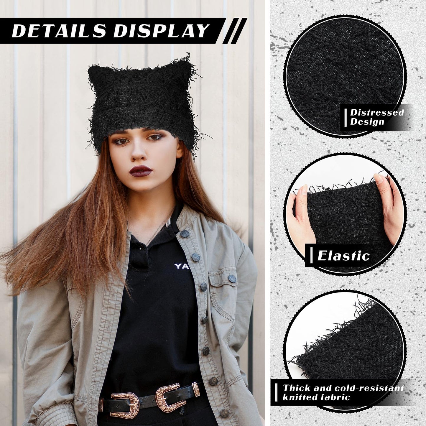 Chuarry Distressed Knitted Cat Beanie Y2k for Women Men Vintage Crochet Hat Thick Slouchy Warm Cat Ears Hat Winter Outdoor (Black,Cat Ears)