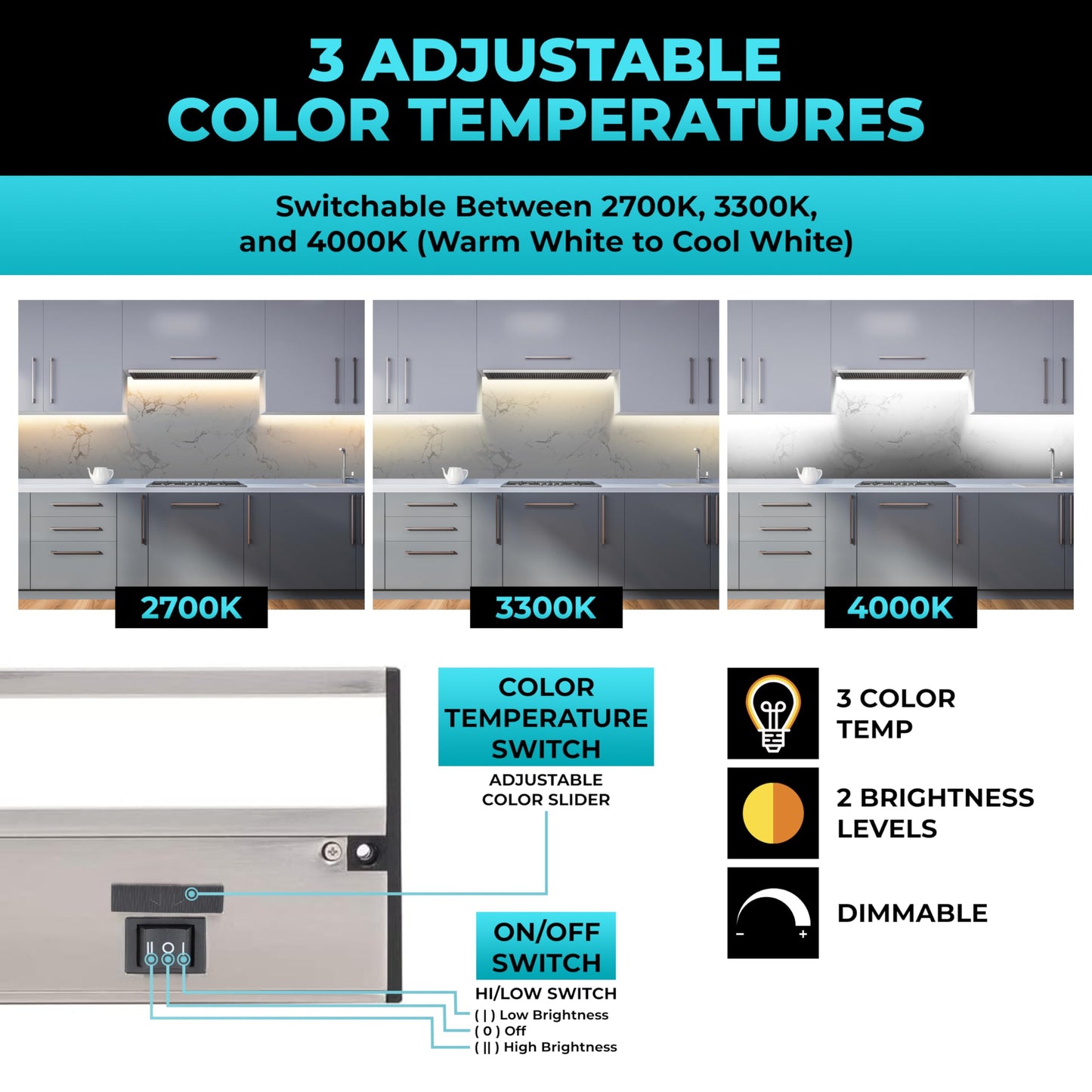 Led Under Cabinet Lighting Hardwired - Linkable Undercabinet Lights For Kitchen - 3Cct 24 Inch Satin Finish - Undercounter Dimmable Plug In Light Or Hard Wired - Under Counter Fixture Direct Wire