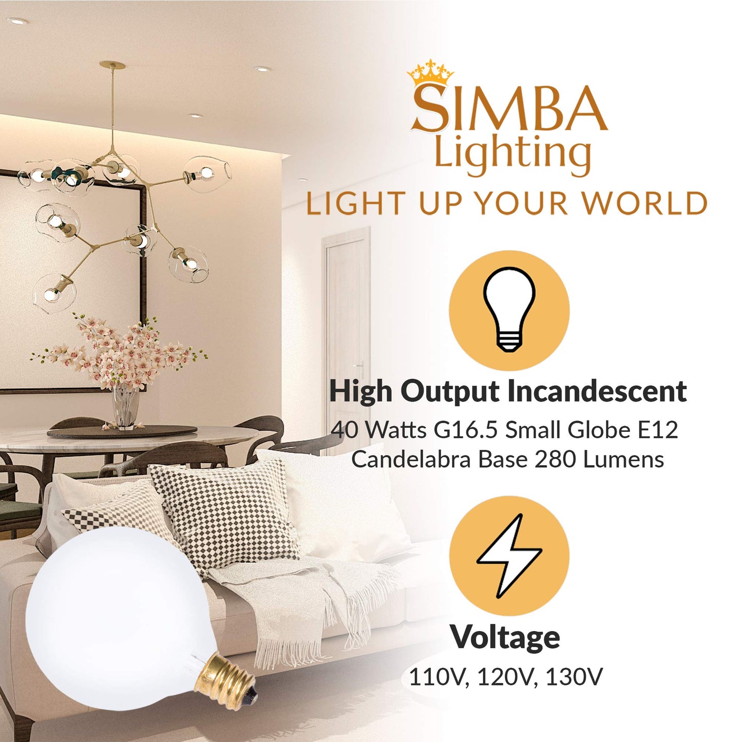 Simba Lighting G16.5 Frosted Glass 40W Round Bulb (10 Pack) E12 Candelabra Base, Warm White Dimmable For Chandelier & Vanity Lights