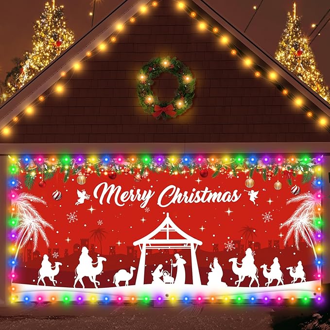 RUMIA Christmas Religious Garage Door Banner Decoration Large Merry Holy Cover with LED Lights Strings Backdrop for New Ye...