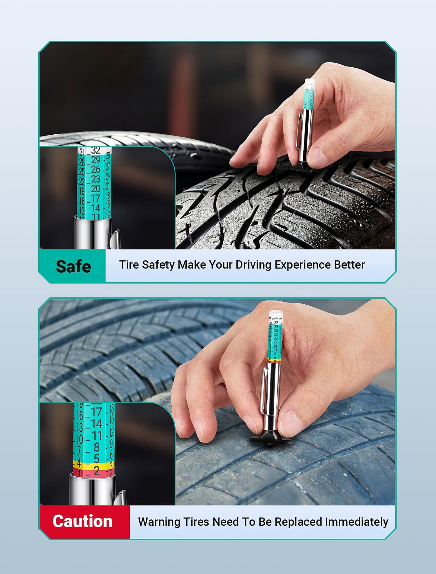 LUMITECO 2-Pack Tire Tread Depth Gauge, Color Coded Tire Depth Gauge with Pocket Clip in 1/32 Inch Increments, Accurate Tread Gauge Depth 32nds Measuring Tool for Car, Semi Truck Tire Tread Checker