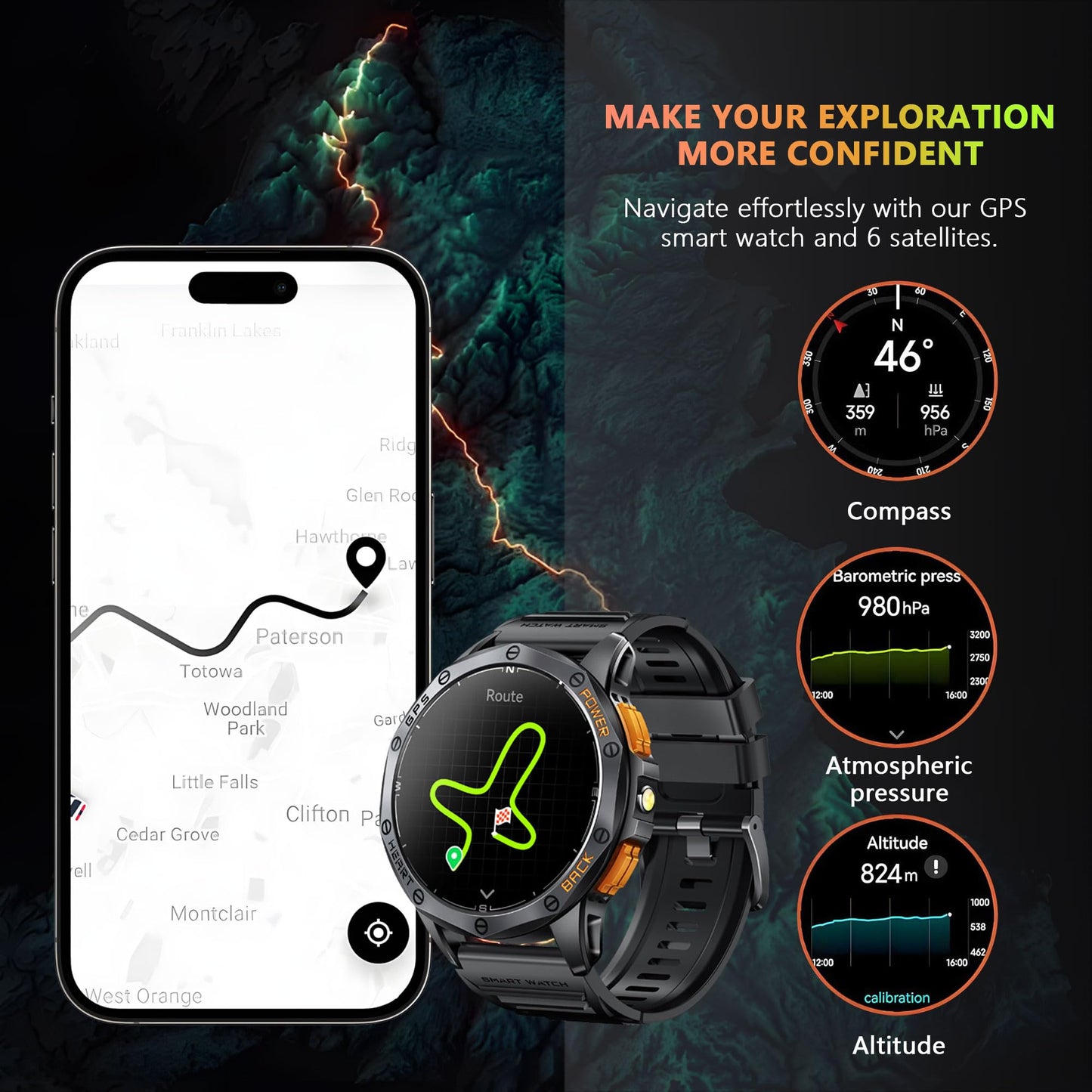 Military Smart Watch With GPS, 170+ Sport Modes Smartwatch with Heart Rate Monitor, Compass, Flashlight, GPS, Smart Watch for men,1.43" AMOLED Screen Bluetooth Call,Compatible iOS & Android (2 Bands)