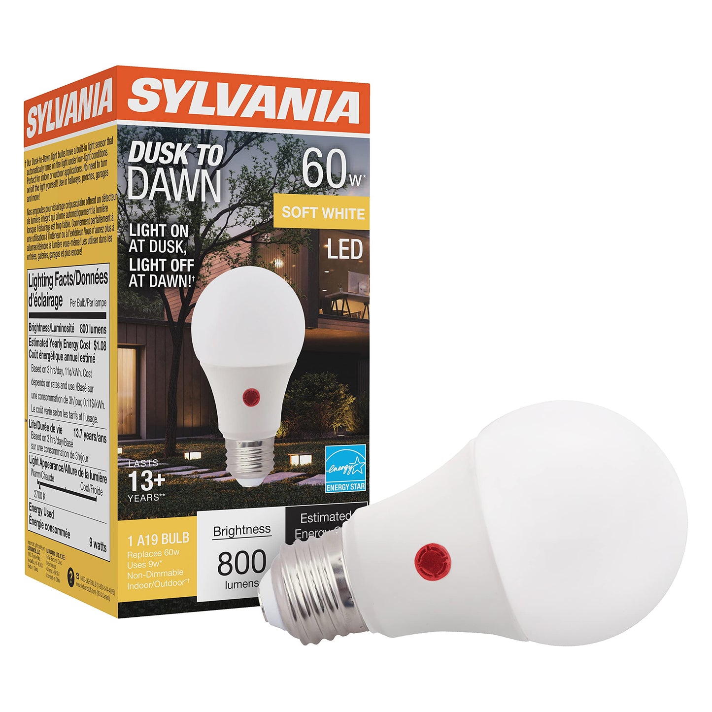 Ledvance Dusk To Dawn A19 Led Light Bulb, Soft White, 9W (60W Equivalent), 800 Lumens, Model 41288, 1 Pack