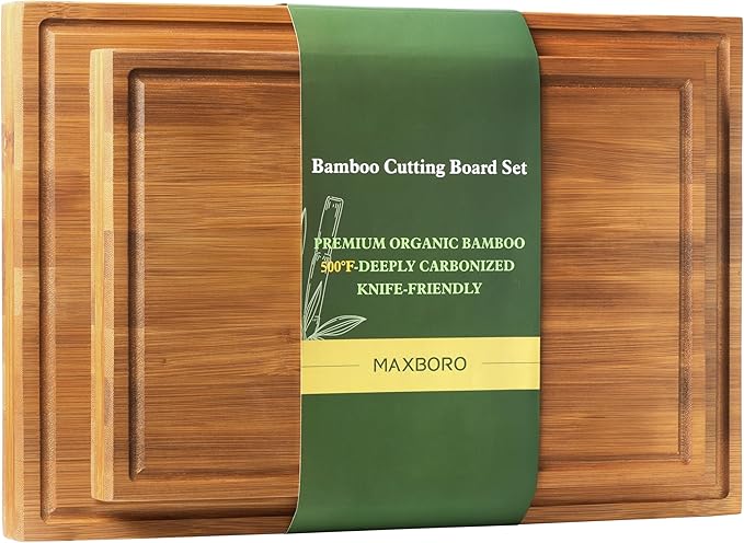 Bamboo Cutting Board Set, 2PCS Double-Sided Chopping Boards for Kitchen Meal Prep & Serving, Charcuterie, Juice Grooves & Side Handle, Ideal for Meat, Vegetables, Kitchen Essentials