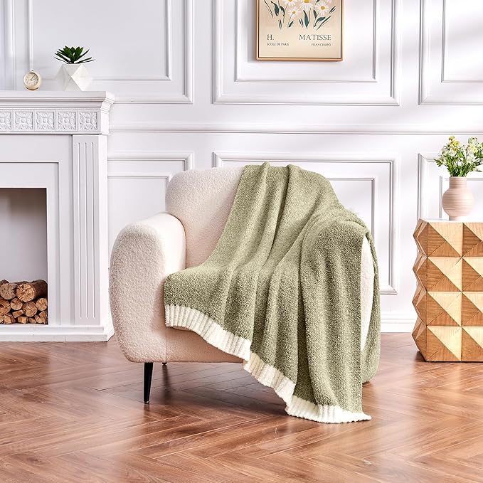 CozeCube Melange Blanket, Ultra Soft Olive Green and White Throw Blanket, Warm Cozy Knit Fuzzy Plush Reversible Throw for Couch Bed Sofa, 60"x80"