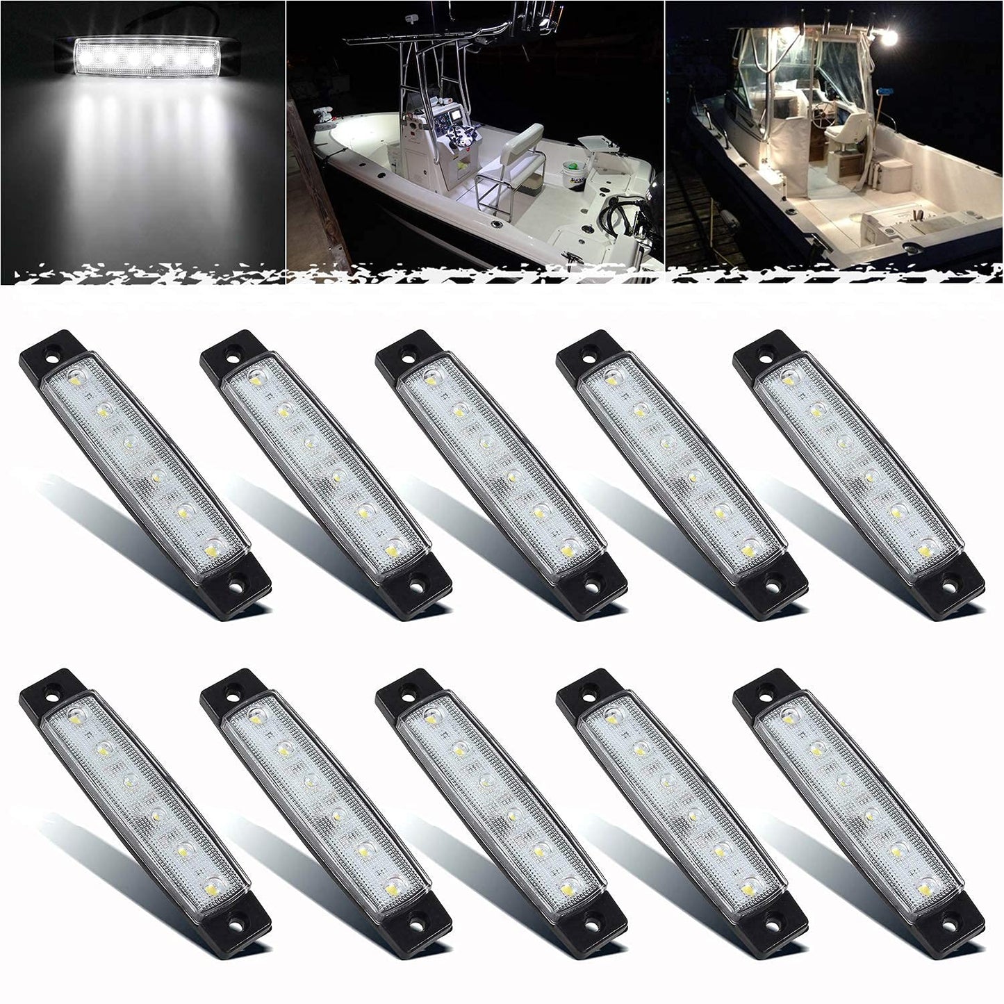 Pseqt Led Boat Interior Lights - Waterproof Navigation Lighting Strip, 10Pcs, White, Pc Lens For Fishing, Pontoon, Kayak, Yacht, Sailboat