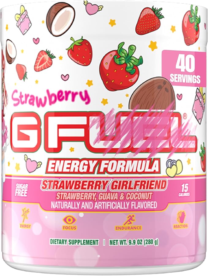 G fuel Strawberry Girlfriend Energy Drink Powder, Pre Workout Caffeine Mix for Gaming, Sugar Free Focus Amino + Antioxidants, 9.9oz (Strawberry Guava, Coconut, 40 Servings)